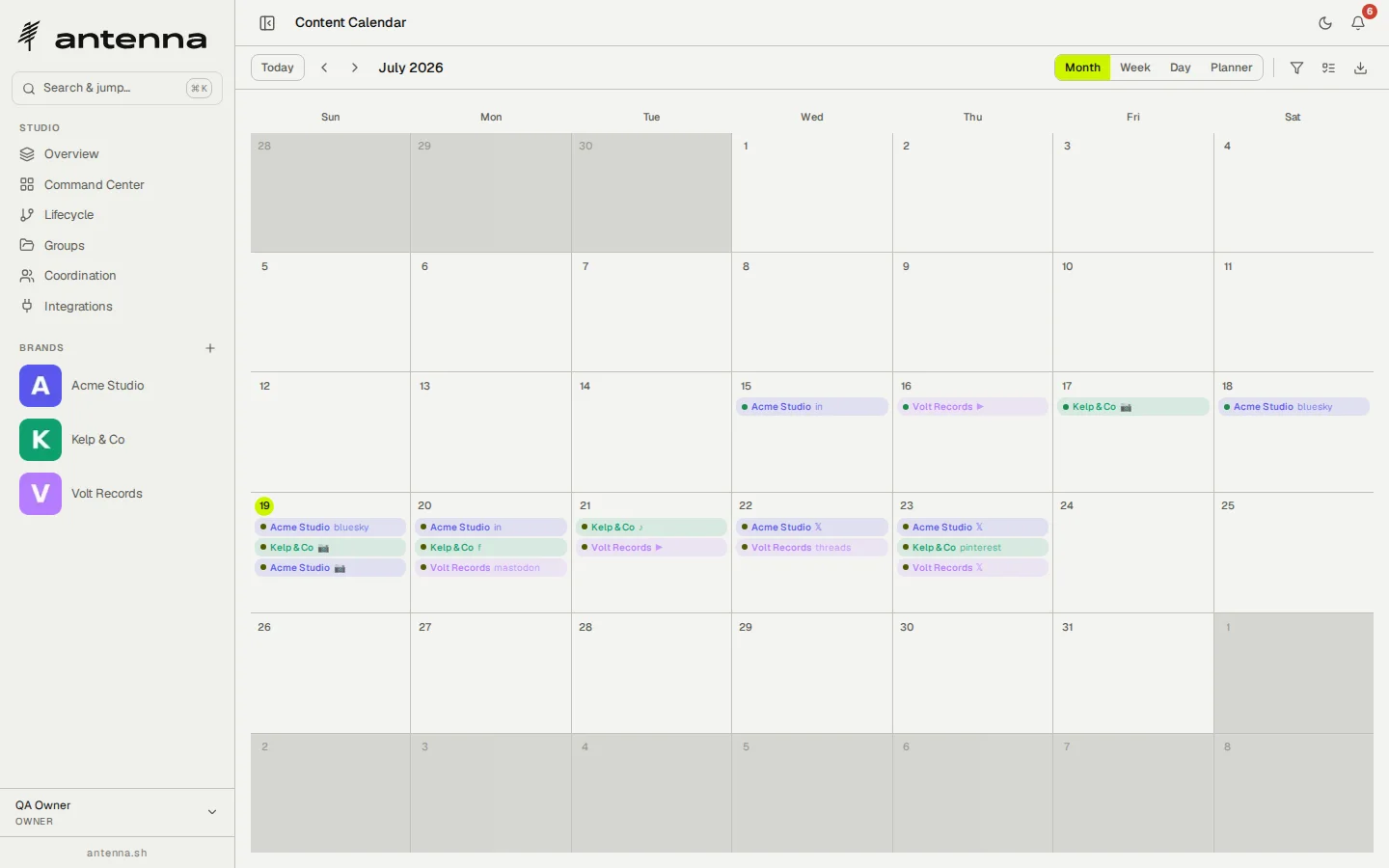 Antenna's brand calendar in month view, with scheduled Bluesky, LinkedIn and Instagram posts placed across the weeks