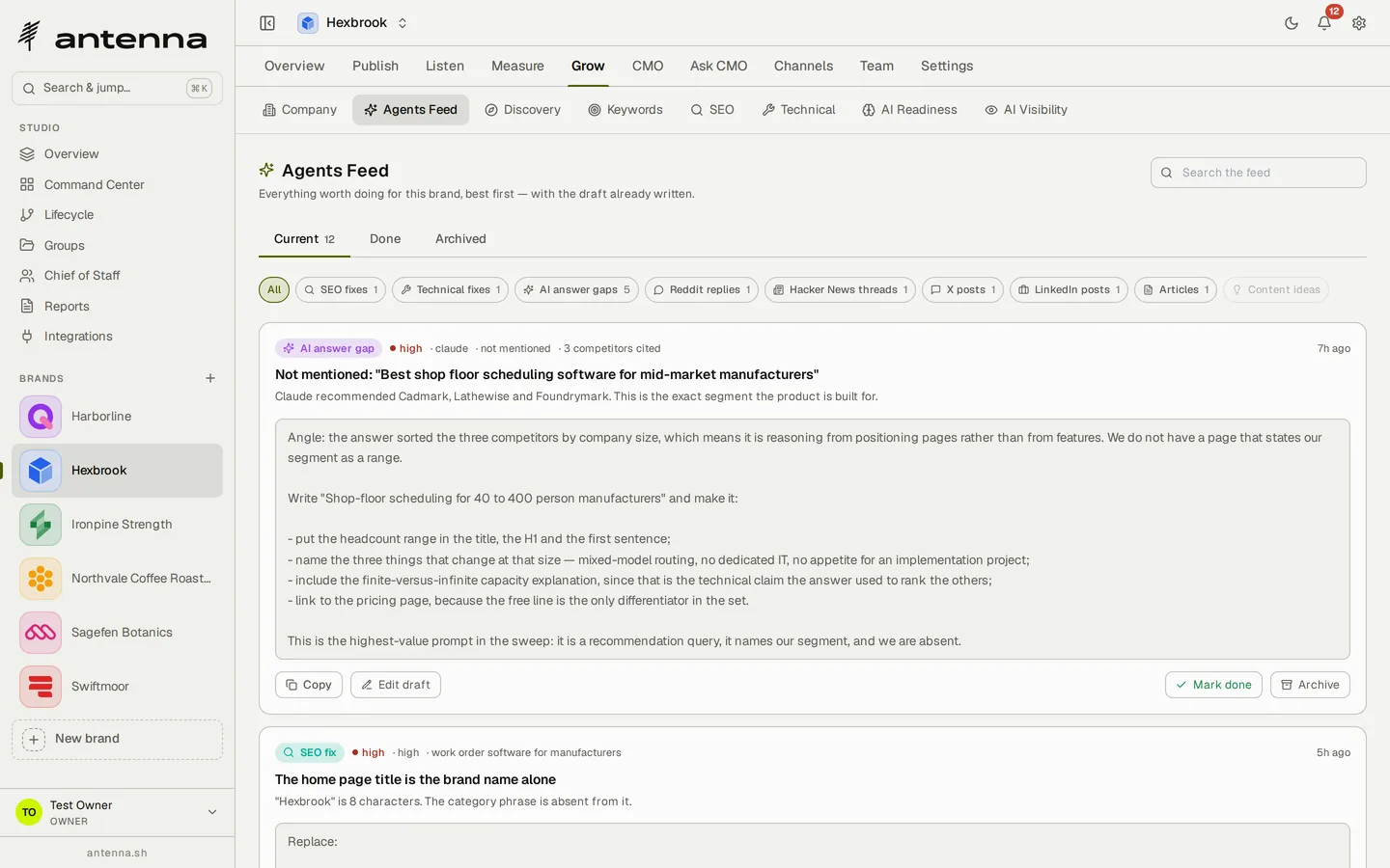Antenna's agents feed for Hexbrook: twelve current cards filterable by SEO fixes, technical fixes, AI answer gaps, Reddit replies, Hacker News threads, X posts, LinkedIn posts and articles; the top card is a missing AI answer for the query best shop floor scheduling software for mid-market manufacturers, with the written angle beneath it and Copy, Edit draft, Mark done and Archive buttons