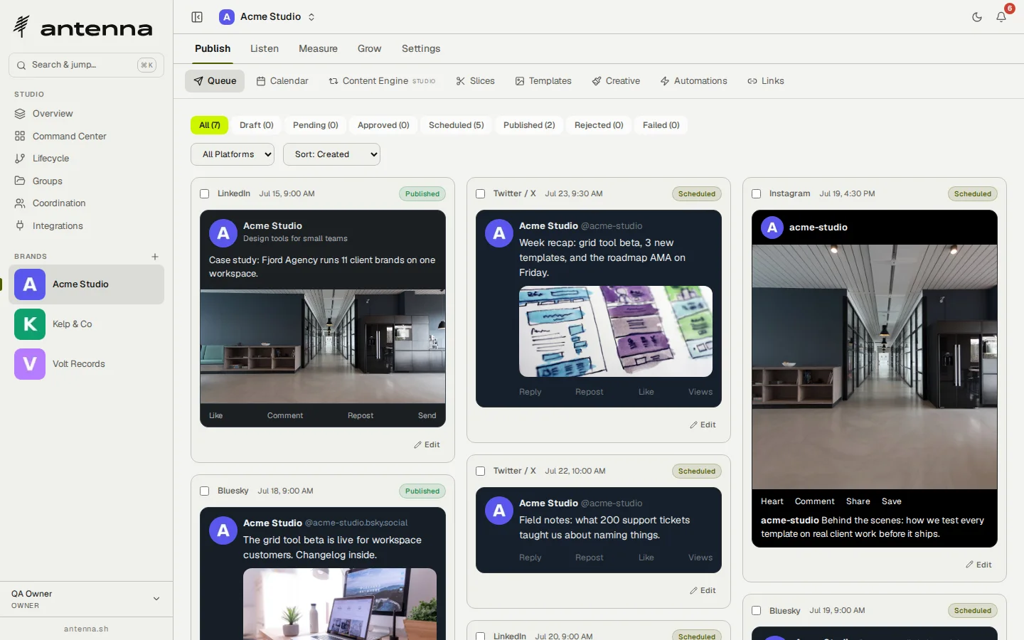 The Antenna queue: a masonry board of scheduled and published posts with native previews for LinkedIn, X, Instagram and Bluesky, filtered across three brands