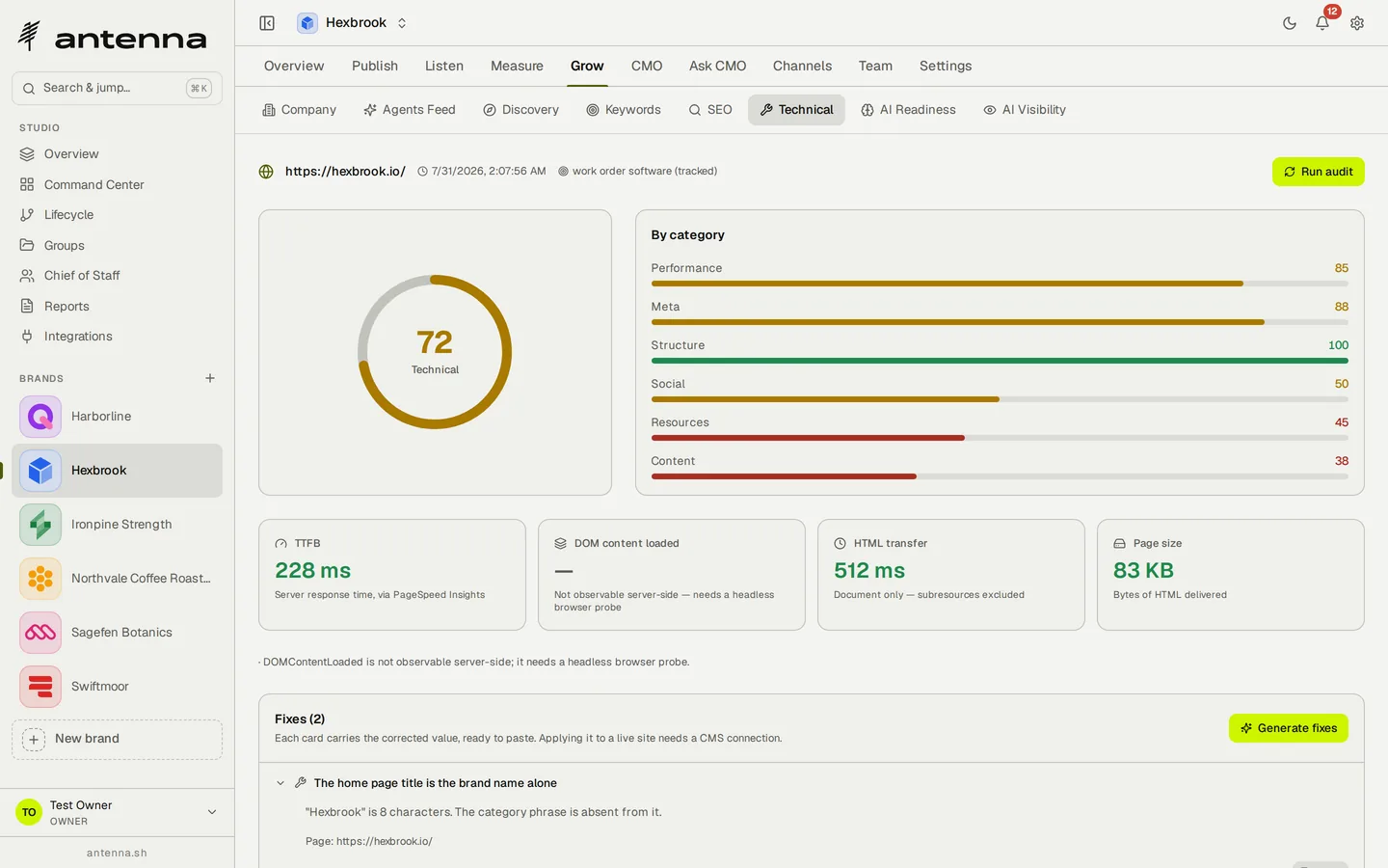 Antenna's technical audit of hexbrook.io: a score ring reading 72, category bars for performance 85, meta 88, structure 100, social 50, resources 45 and content 38, timing tiles showing a 228 ms server response from PageSpeed Insights and a DOM-content-loaded tile marked as not observable server-side, and a Fixes panel whose first card reports that the home page title is the brand name alone